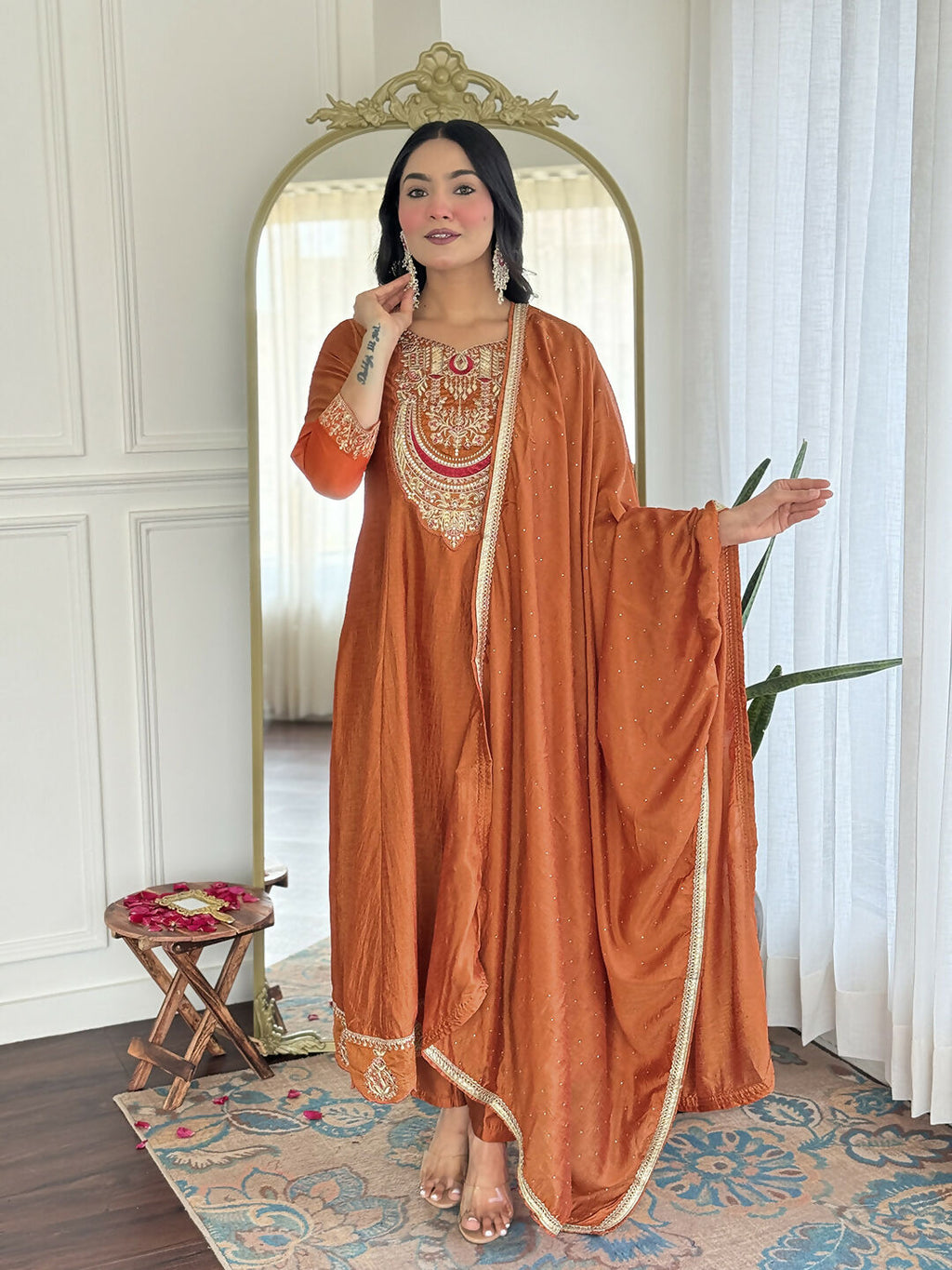 The52 Rust Women's Gorgeous Embroidered Vichitra Silk Fabric Flared Kurta, Pant and Dupatta Set | Grocsy
