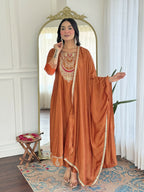 The52 Rust Women's Gorgeous Embroidered Vichitra Silk Fabric Flared Kurta, Pant and Dupatta Set | Grocsy