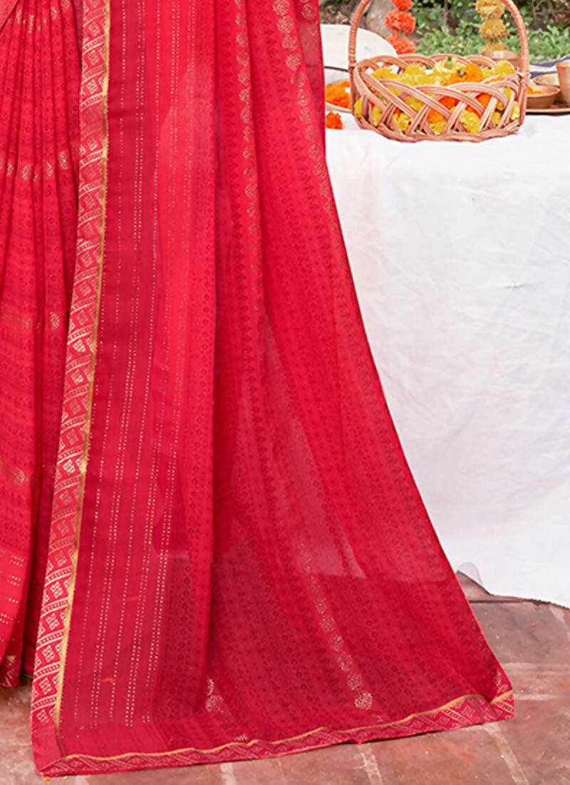 Red Georgette Foil Printed Saree with Unstitched Blouse Piece - Avika | Grocsy