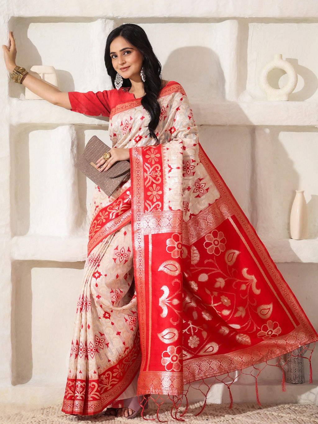 Shree Shyam Fashion Linen Cotton Red & White Saree | Grocsy