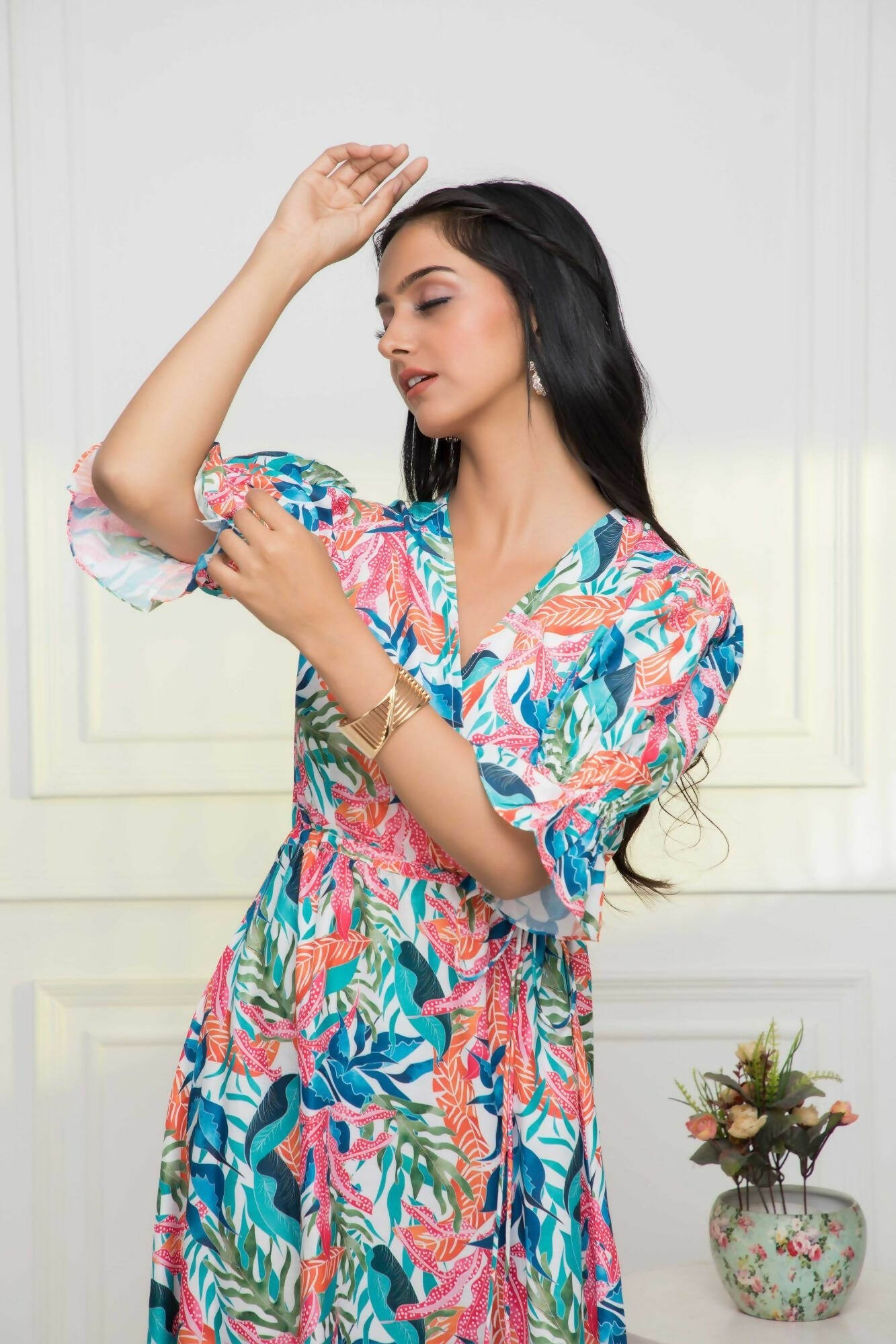 Myshka Women Multi Floral Polyester A-Line V-Neck Dress | Grocsy