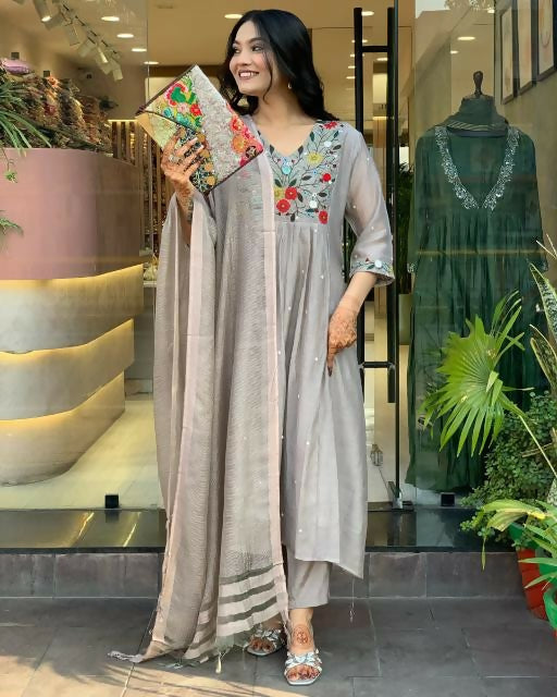 The52 Grey Women's Gorgeous Chinon Viscose Fabric Embroidered Work Straight Kurta Pant and Dupatta Set | Grocsy