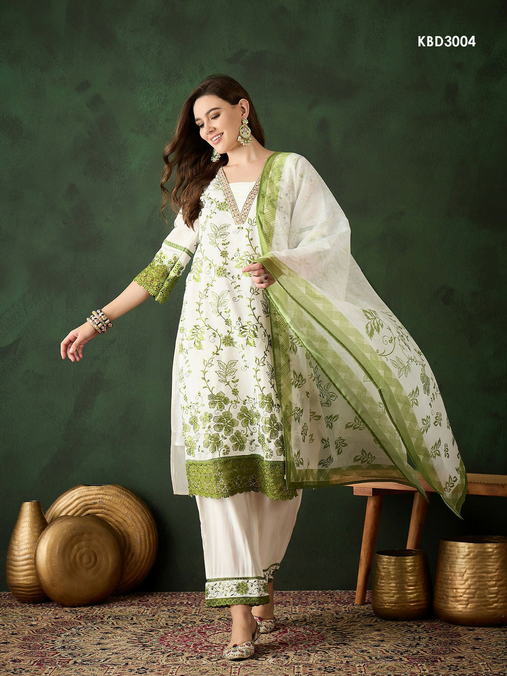 Green & White Roman Silk Embroidered Kurta With Trouser & Dupatta - Bhumi | Grocsy