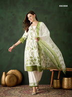 Green & White Roman Silk Embroidered Kurta With Trouser & Dupatta - Bhumi | Grocsy