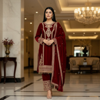 Joban Fashion Maroon Velvet Embroidery Sequence Work Readymade Kurta Set | Grocsy