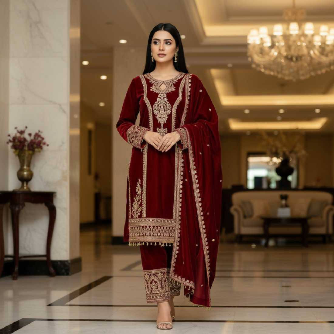 Joban Fashion Maroon Velvet Embroidery Sequence Work Readymade Kurta Set | Grocsy