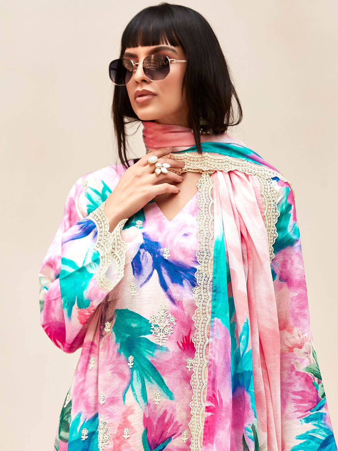 Indo Era Women Floral Embroidered Regular Thread Work Kurta with Trousers & With Dupatta | Grocsy