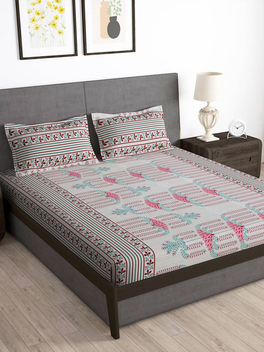 Story@home Grey & Pink Ethnic Motifs 180 TC Bedsheet with Pillow Cover | Grocsy