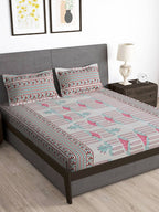 Story@home Grey & Pink Ethnic Motifs 180 TC Bedsheet with Pillow Cover | Grocsy