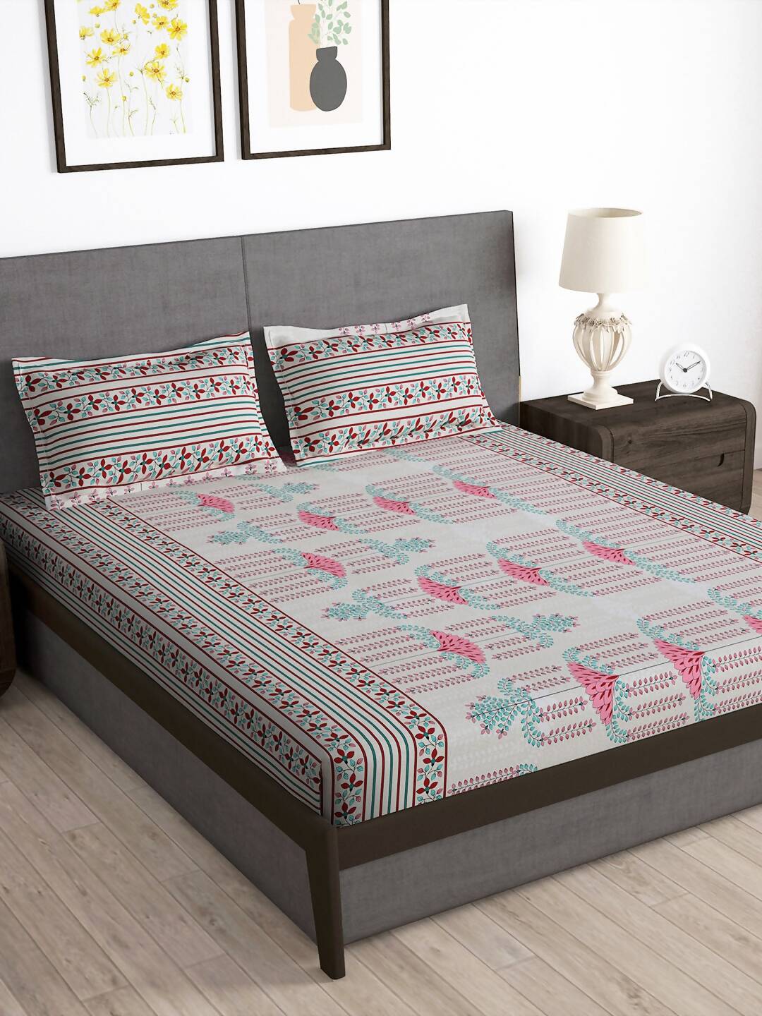 Story@home Grey & Pink Ethnic Motifs 180 TC Bedsheet with Pillow Cover | Grocsy
