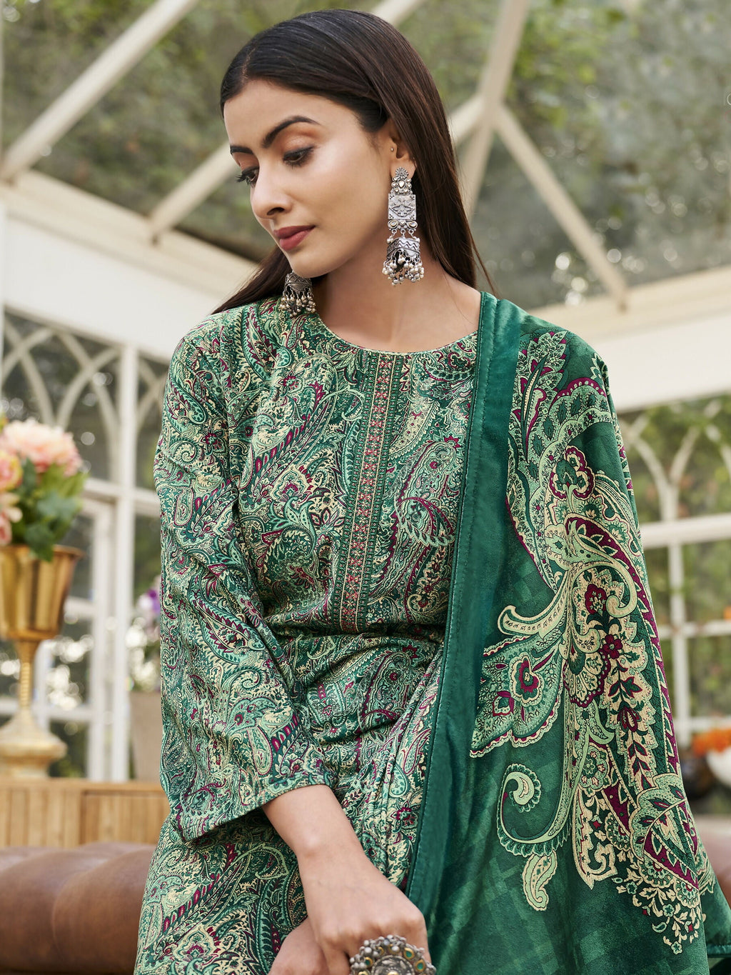 Jyoti Fashion Women's Green Velvet Digital Print with Resham Thread work Kurta with Trouser & Dupatta | Grocsy