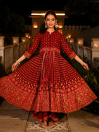 Juniper Women's The Mahautsawam Maroon Ethnic Motif Printed Georgette Dress With Thread & Mirror Work | Grocsy