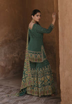 Anaita Dark-Green Silk Readymade Palazzo Suit with Swarovski Work | Grocsy