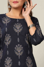 Miravan Women's Blue & Grey Printed Pure Cotton Kurta With Sharara | Grocsy