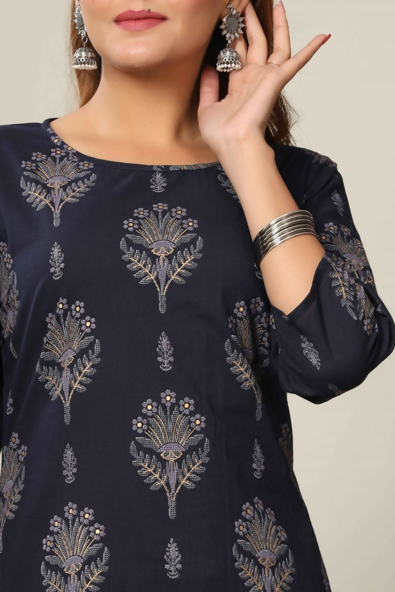 Miravan Women's Blue & Grey Printed Pure Cotton Kurta With Sharara | Grocsy