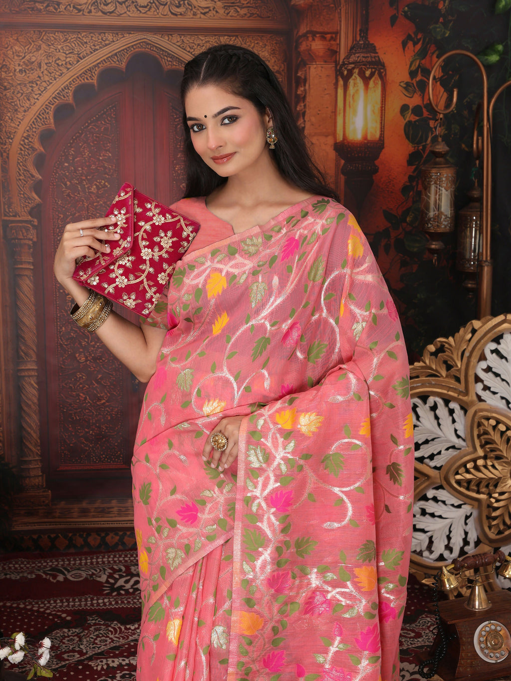 Shree Shyam Fashion Linen Cotton Pink Saree | Grocsy