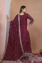 The52 Women's Gorgeous Embroidery Work Natural Crepe Fabric Straight Kurta Sharara and Dupatta Set-Maroon | Grocsy