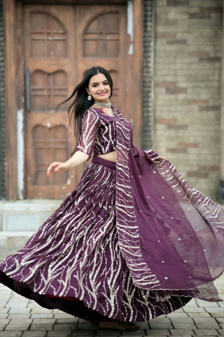 Vastranavya Enchanting Designer Tebby-Silk Lehenga Choli With Dupatta Set - Wine | Grocsy