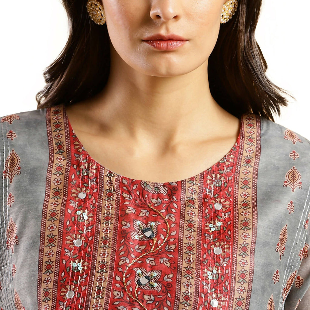 Grey Chinon Digital Printed With Hand Work Kurta - Himanshi | Grocsy