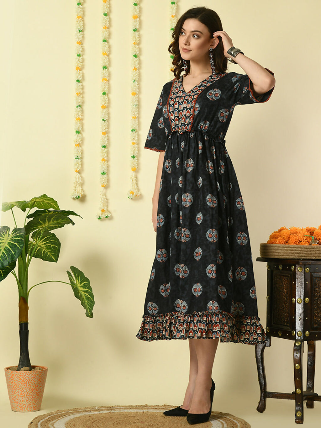 Myshka Women's Black Printed Cotton Party Dress | Grocsy