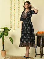 Myshka Women's Black Printed Cotton Party Dress | Grocsy