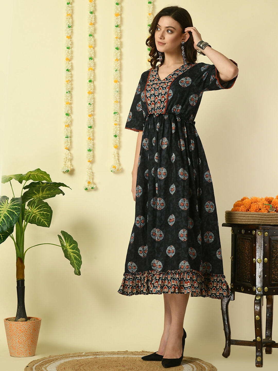 Myshka Women's Black Printed Cotton Party Dress | Grocsy