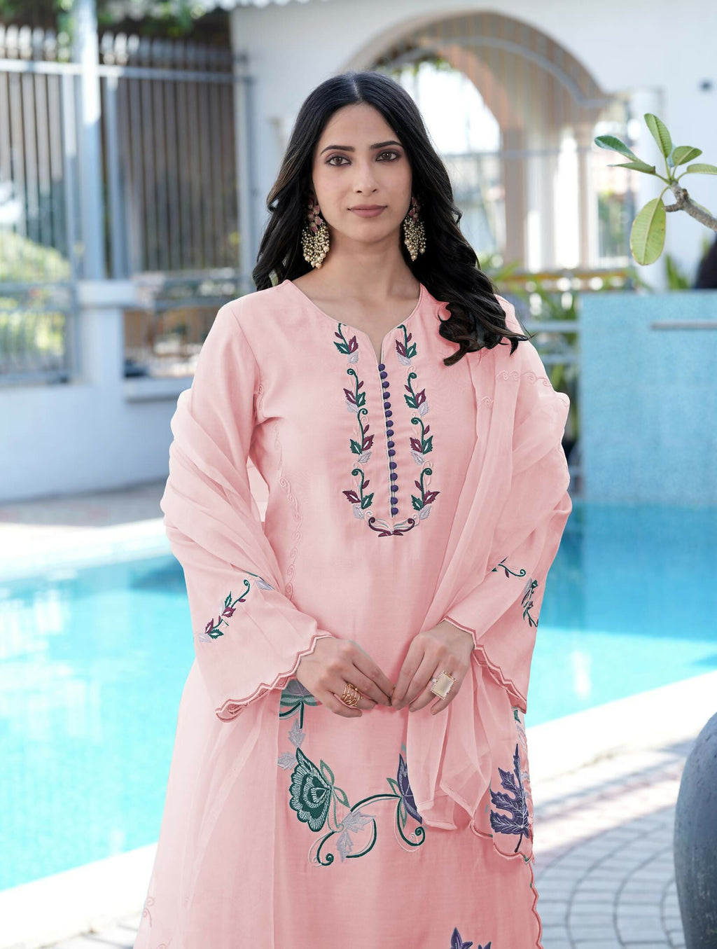 Nikhaar Light Pink Embroidered Art Silk Stitched Straight Cut Kurta Pants Dupatta Readymade Suit | Grocsy
