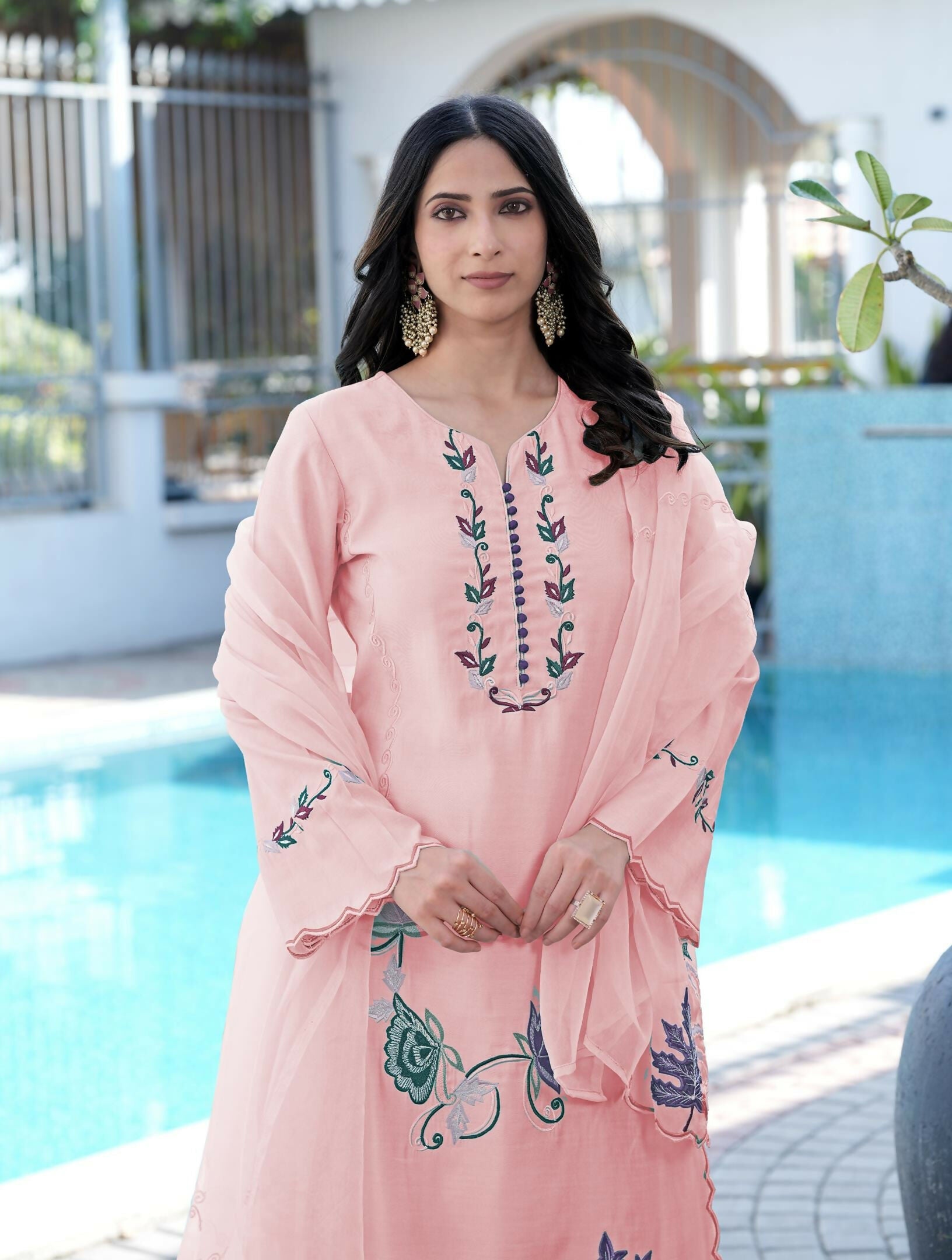 Nikhaar Light Pink Embroidered Art Silk Stitched Straight Cut Kurta Pants Dupatta Readymade Suit | Grocsy