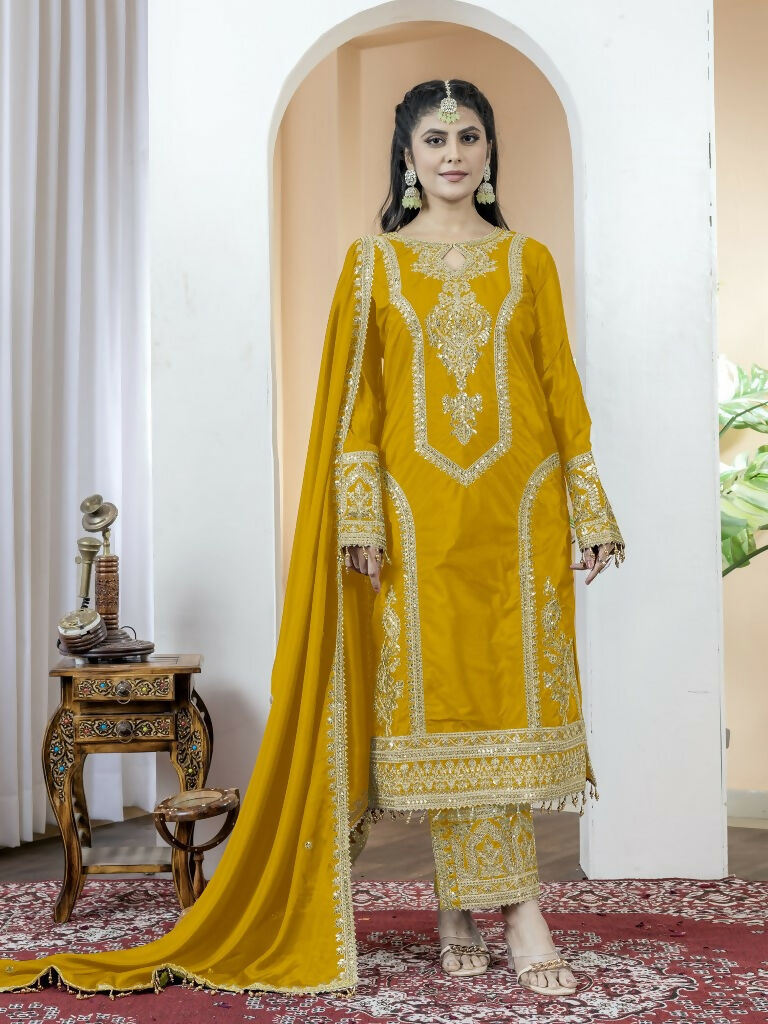 Teeya Creation Yellow Color Chinnon Silk Embroidery Work Fully Stitched Salwar Suit | Grocsy
