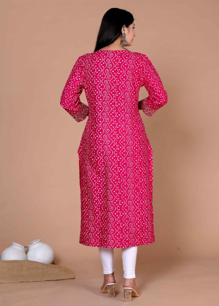 Miravan Women's Plus Size Pink Bandhani Pakistani Straight Kurti | Grocsy
