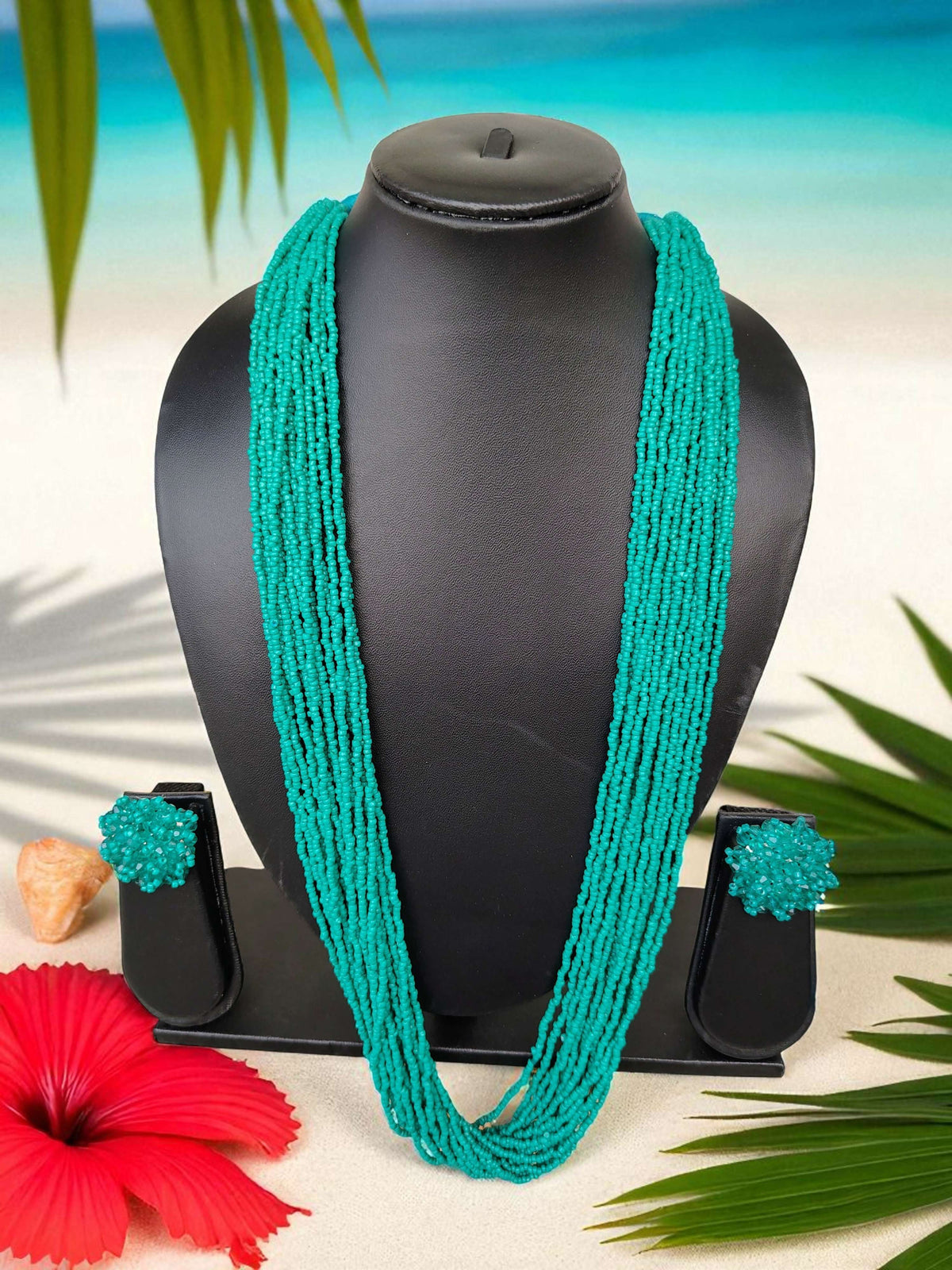 Inhanns Rangsaaz 20-Layer Luxe Long Beaded Necklace (With Optional Statement Earrings) - Sea Green With Earring | Grocsy