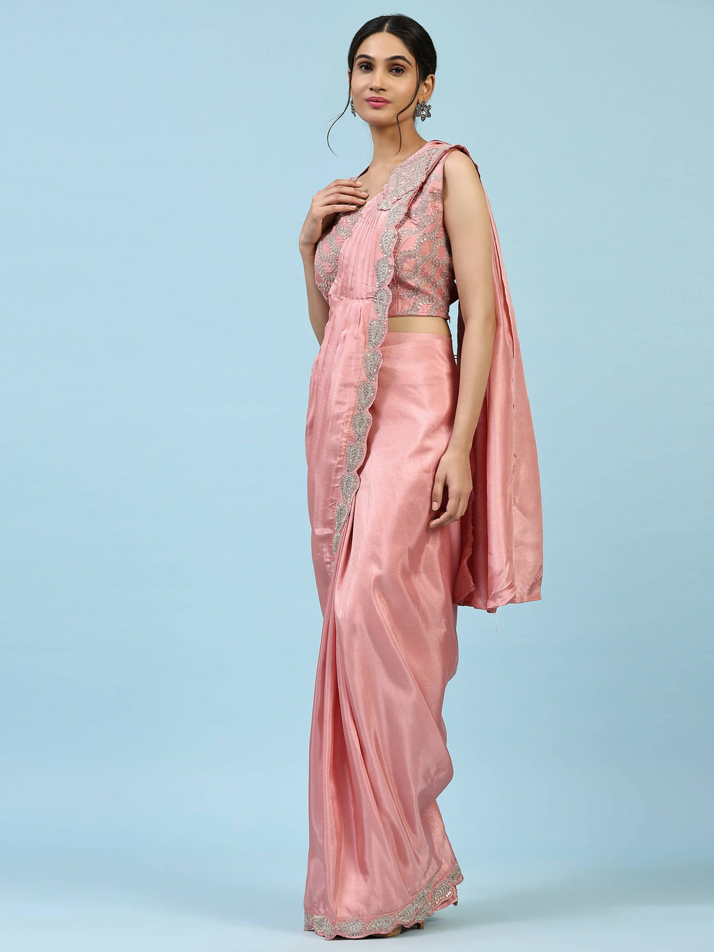 Peach Silk Satin Plain Ready to wear Saree with stitched Blouse - Vrinda | Grocsy