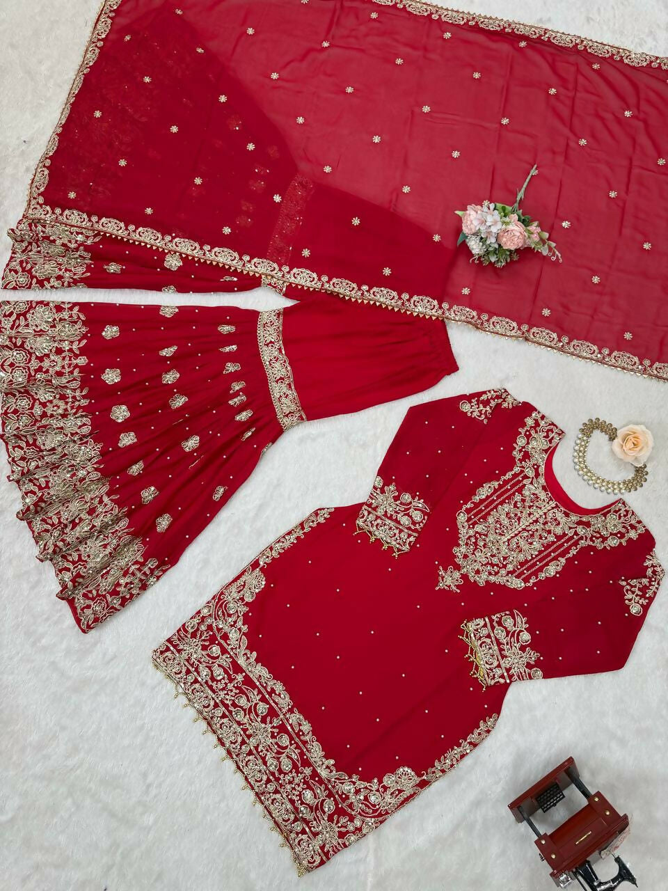 The52 Women's Beautiful Faux Georgette Fabric Embroidery Work Straight Kurt Sharara and Dupatta Set | Grocsy