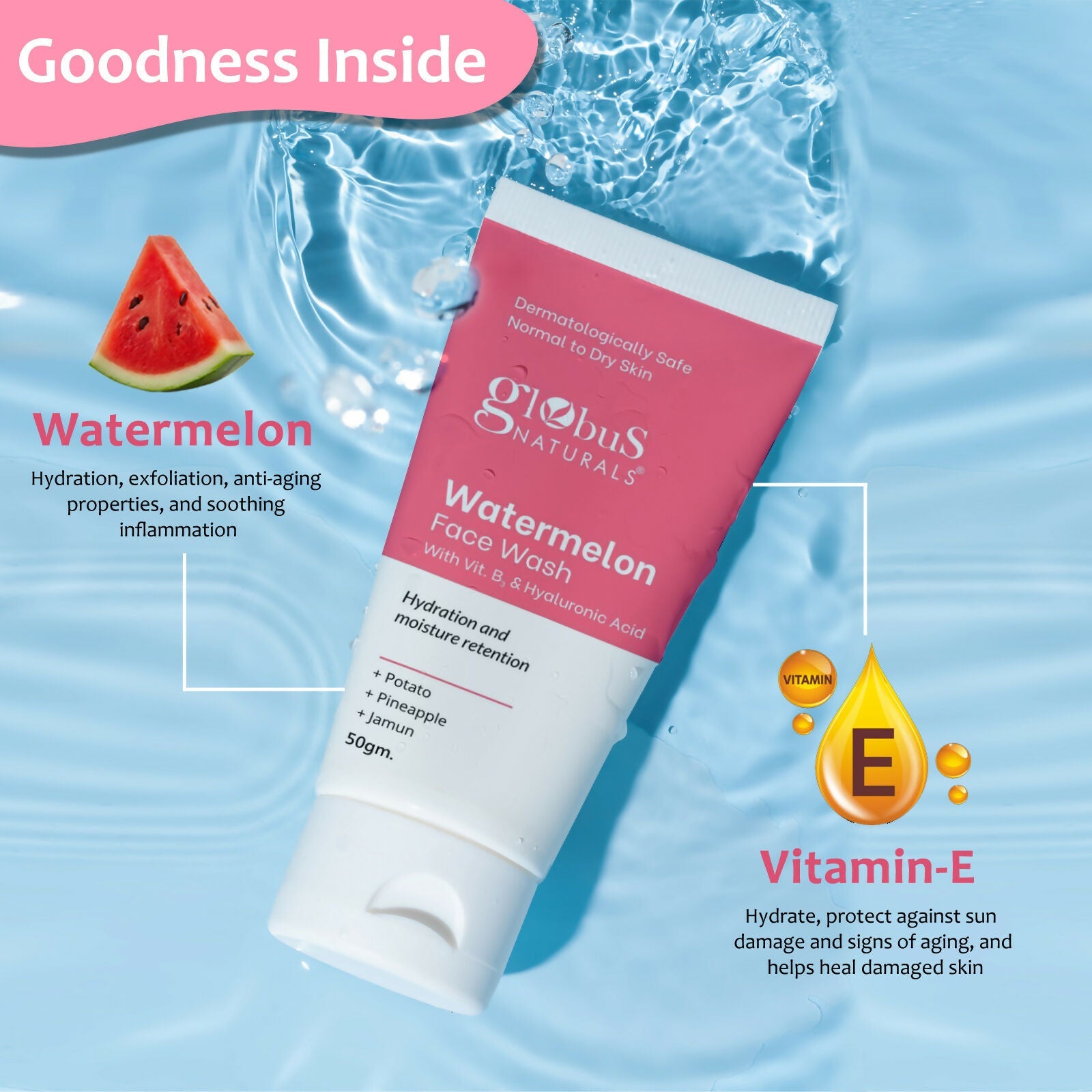 Globus Naturals Watermelon Face Wash with Vitamin B3 & Hyaluronic Acid | Grocsy