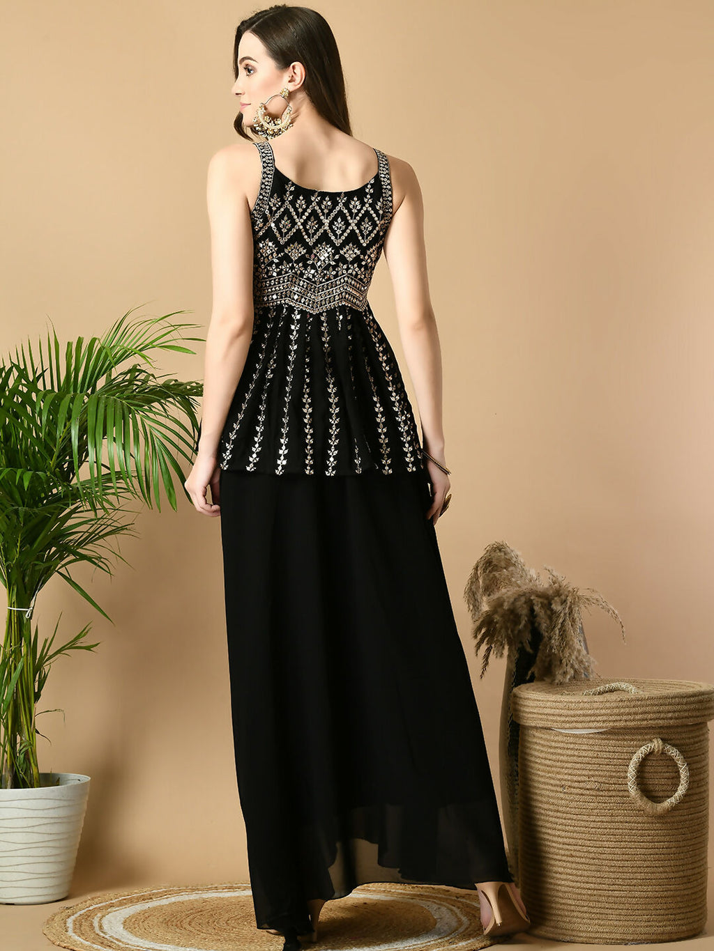 Myshka Women's Black Georgette Top With Skirt Party Sets | Grocsy