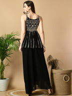 Myshka Women's Black Georgette Top With Skirt Party Sets | Grocsy