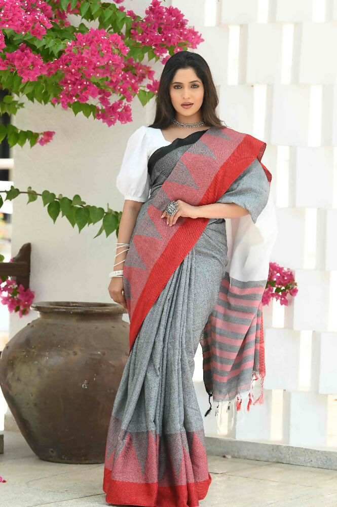 Beatitude Grey Temple Border Cotton Saree | Grocsy