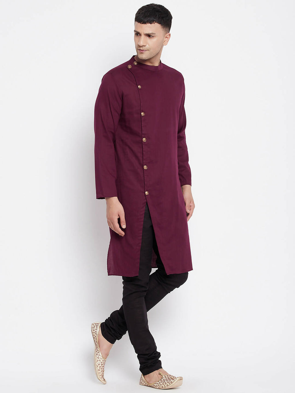 Even Apparels Maroon Pure Cotton Men's Sherwani Kurta With Asymetrical Cut | Grocsy