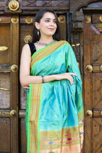 Very Much Indian Pure Silk Handloom Paithani -Dual Tone Blue Green | Grocsy