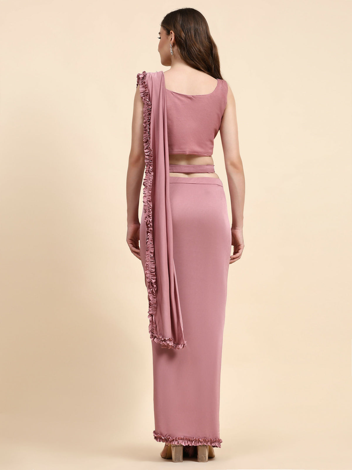 Pink Lycra Solid Ready to wear Saree with stitched Blouse - Vanita | Grocsy