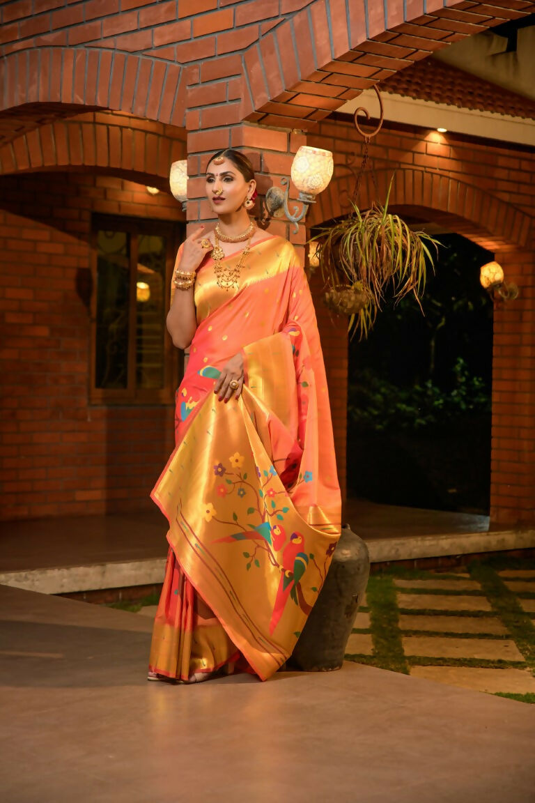 Jyoti Fashion Women's Orange Paithani Silk Zari Woven Saree with Blouse | Grocsy