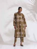 trueBrowns Olive Green Cotton Stripe Print Shirt Kurta Set | Grocsy
