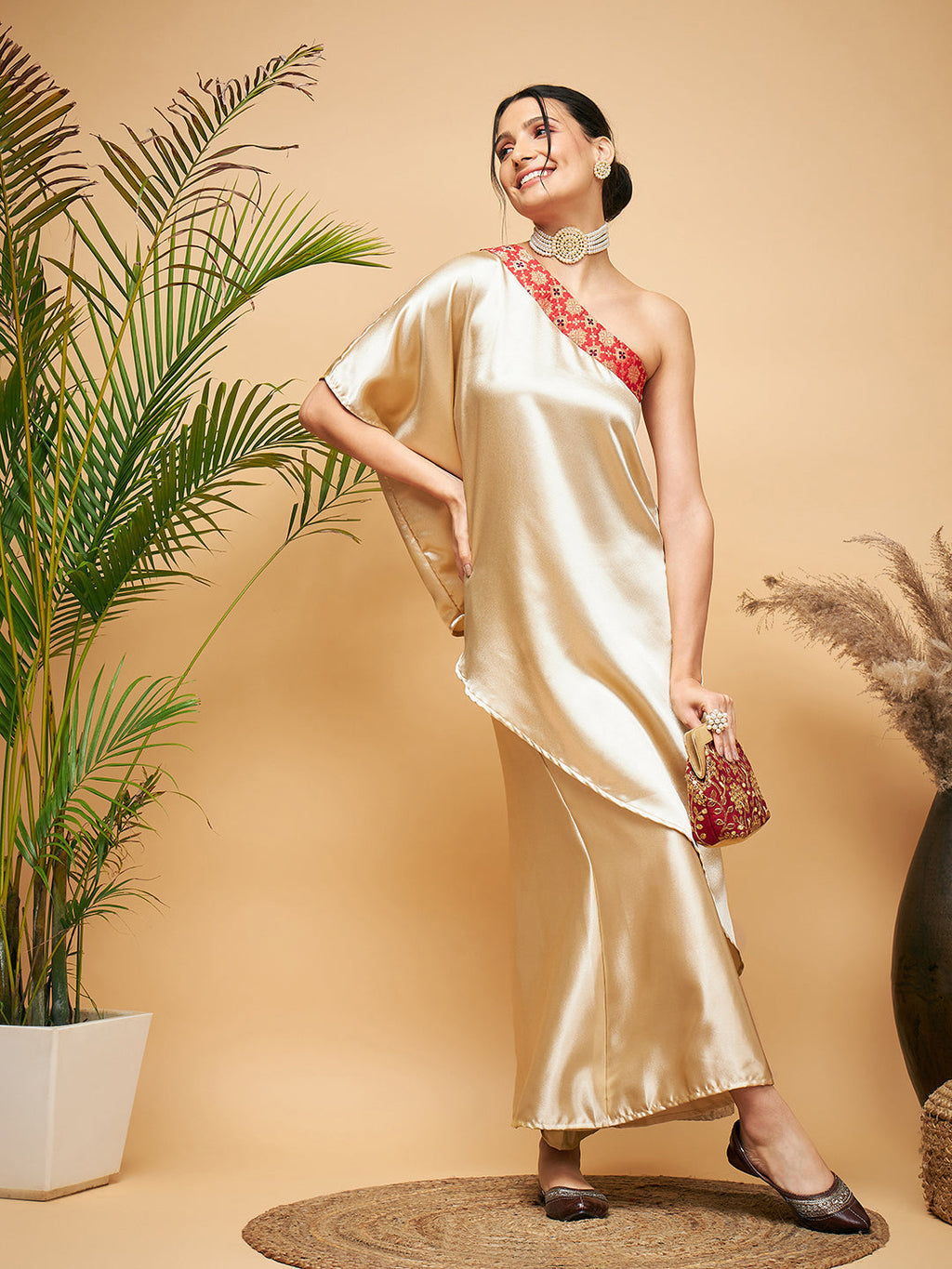 InWeave Women's Beige Red Brocade Oneshoulder Top Satin W Palazzo Set | Grocsy