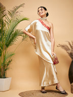 InWeave Women's Beige Red Brocade Oneshoulder Top Satin W Palazzo Set | Grocsy
