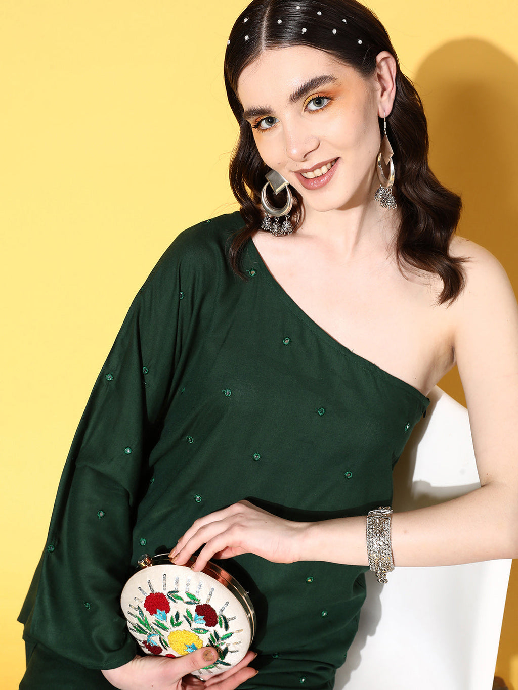 InWeave Women's Green Mirror Work One Shoulder Kurta Set | Grocsy