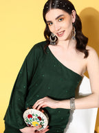 InWeave Women's Green Mirror Work One Shoulder Kurta Set | Grocsy