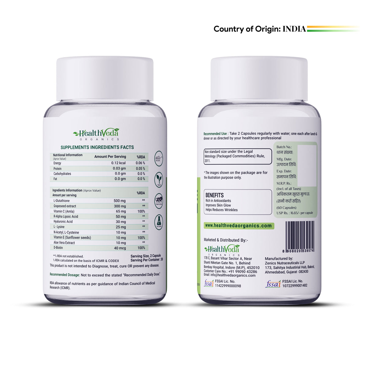Health Veda Organics L-Glutathione Capsules | Grocsy