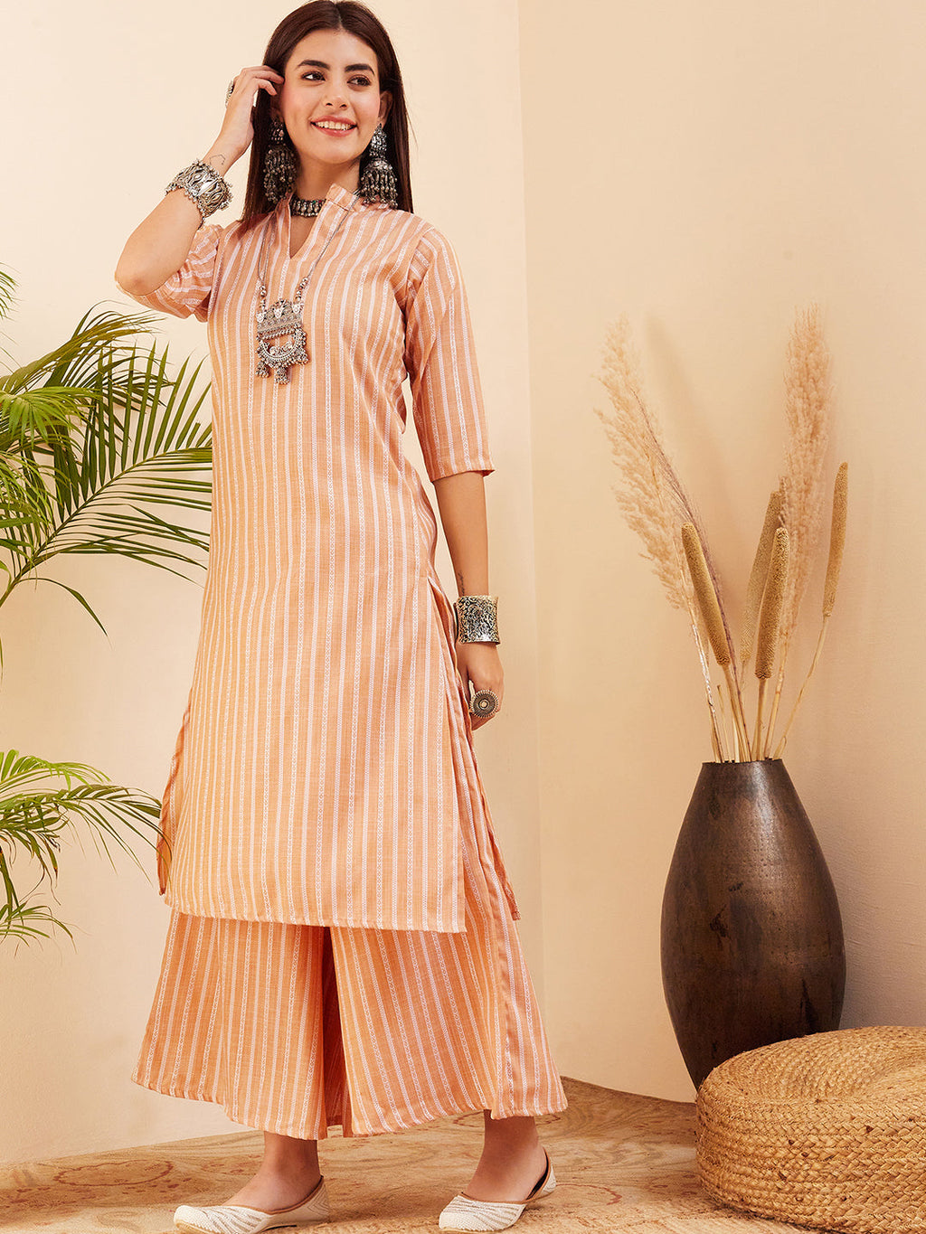 InWeave Women's Light Mustard Lurex Kantha Mandarin Neck Kurta Palazzo Set | Grocsy