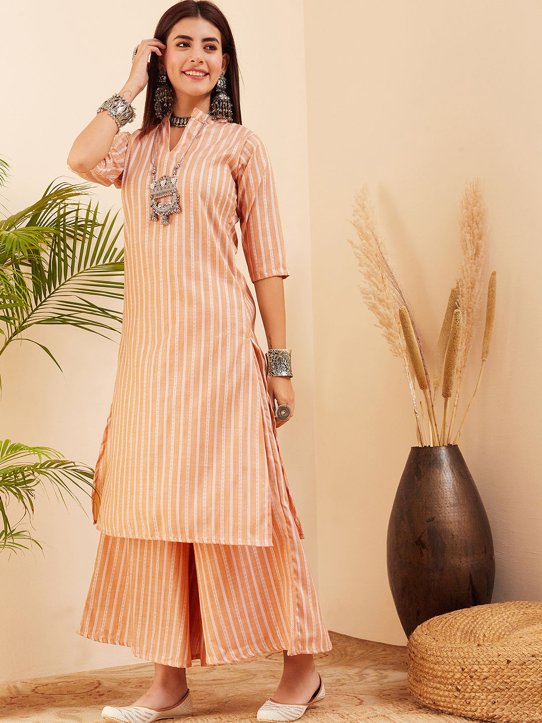 InWeave Women's Light Mustard Lurex Kantha Mandarin Neck Kurta Palazzo Set | Grocsy