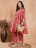 InWeave Women's Red Yellow Floral Print Flared Kurta Pant Set | Grocsy